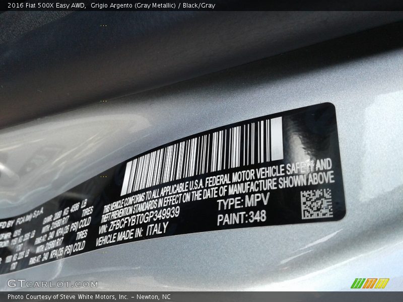 2016 500X Easy AWD Grigio Argento (Gray Metallic) Color Code 348