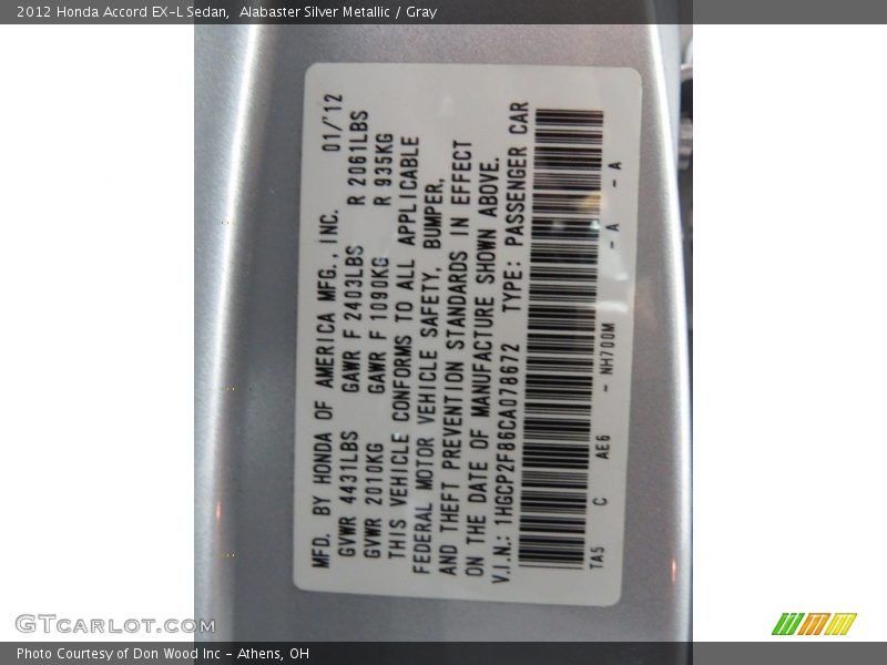 Alabaster Silver Metallic / Gray 2012 Honda Accord EX-L Sedan