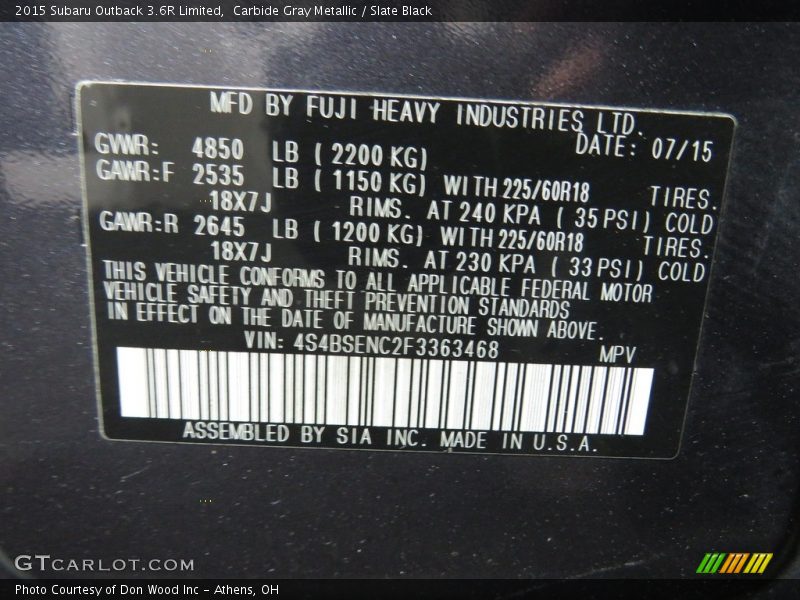 Carbide Gray Metallic / Slate Black 2015 Subaru Outback 3.6R Limited