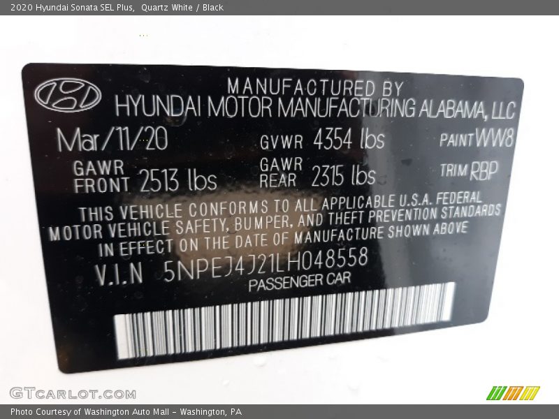 Quartz White / Black 2020 Hyundai Sonata SEL Plus