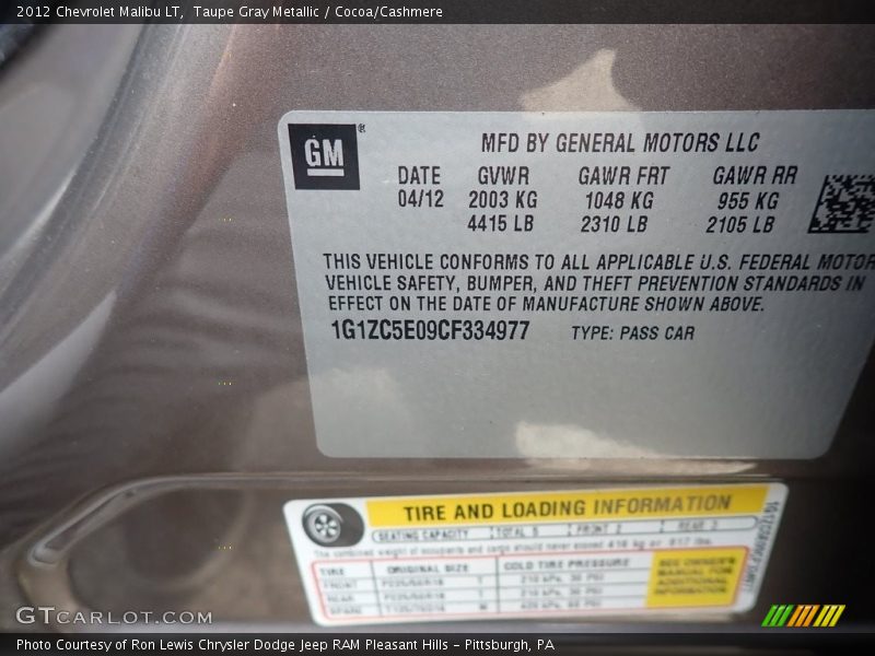 Taupe Gray Metallic / Cocoa/Cashmere 2012 Chevrolet Malibu LT