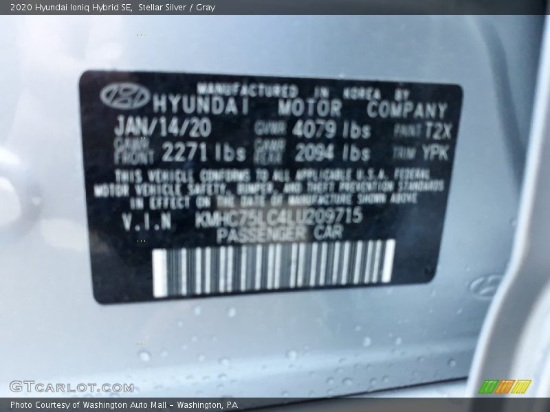 2020 Ioniq Hybrid SE Stellar Silver Color Code T2X