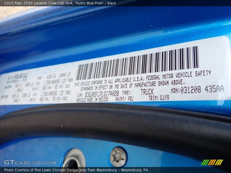 2020 2500 Laramie Crew Cab 4x4 Hydro Blue Pearl Color Code PBJ