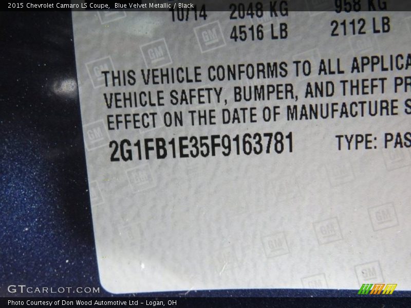 Blue Velvet Metallic / Black 2015 Chevrolet Camaro LS Coupe