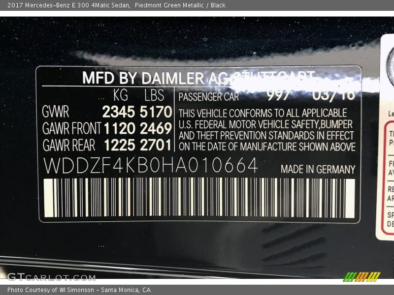 2017 E 300 4Matic Sedan Piedmont Green Metallic Color Code 997