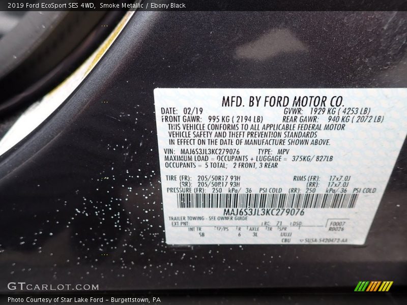 Smoke Metallic / Ebony Black 2019 Ford EcoSport SES 4WD