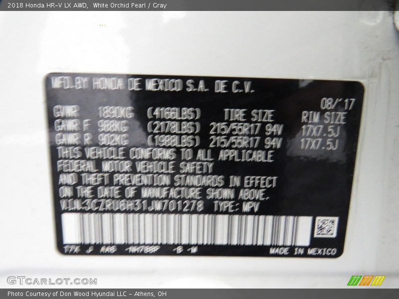 White Orchid Pearl / Gray 2018 Honda HR-V LX AWD
