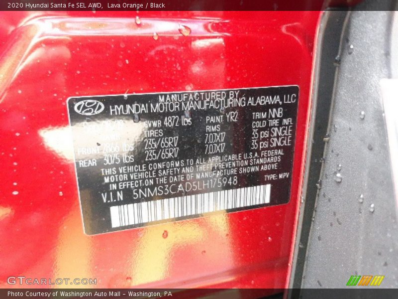 Lava Orange / Black 2020 Hyundai Santa Fe SEL AWD
