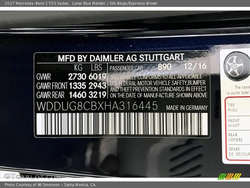 Lunar Blue Metallic / Silk Beige/Espresso Brown 2017 Mercedes-Benz S 550 Sedan