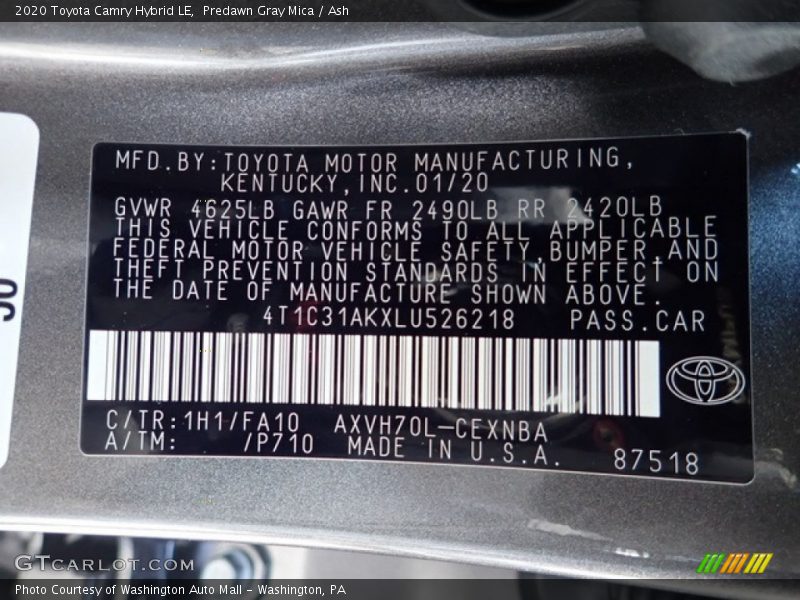2020 Camry Hybrid LE Predawn Gray Mica Color Code 1H1