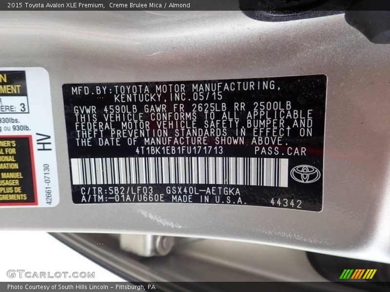 Creme Brulee Mica / Almond 2015 Toyota Avalon XLE Premium