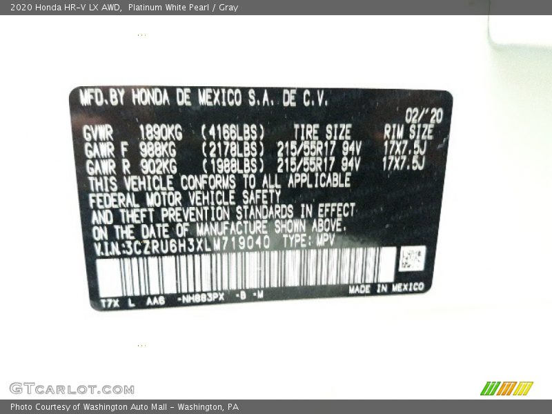 Platinum White Pearl / Gray 2020 Honda HR-V LX AWD