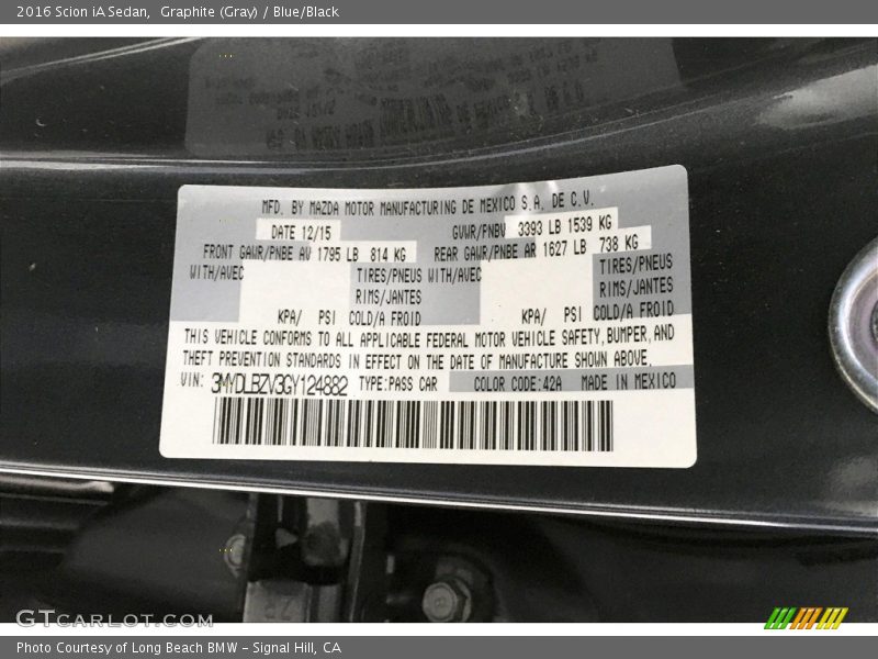 Graphite (Gray) / Blue/Black 2016 Scion iA Sedan