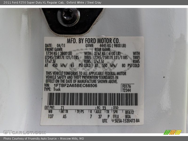 Oxford White / Steel Gray 2011 Ford F250 Super Duty XL Regular Cab