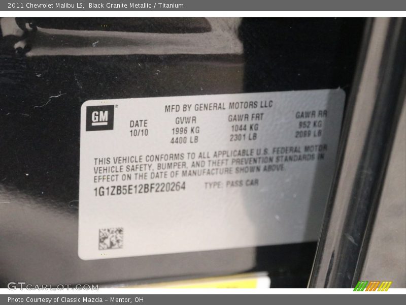 Black Granite Metallic / Titanium 2011 Chevrolet Malibu LS