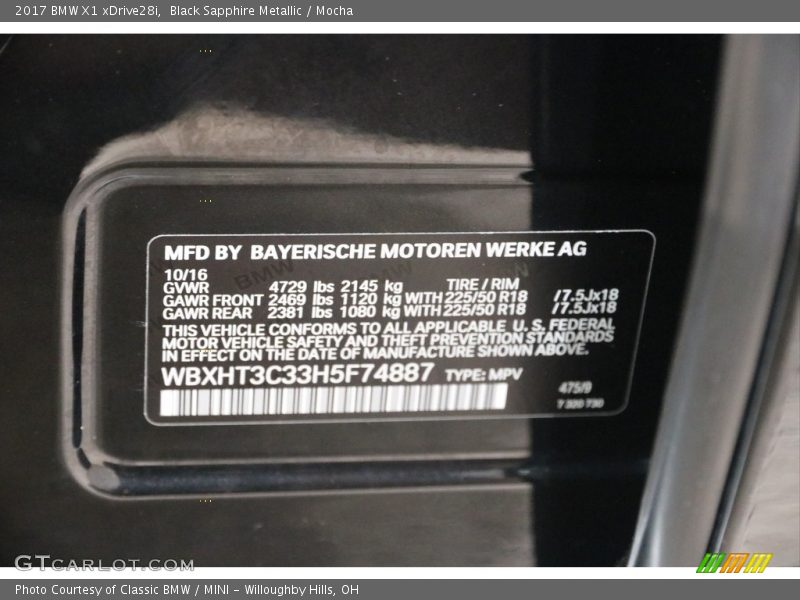 Black Sapphire Metallic / Mocha 2017 BMW X1 xDrive28i