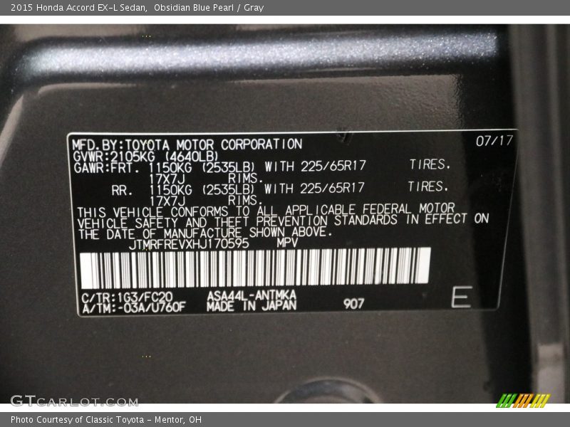 Obsidian Blue Pearl / Gray 2015 Honda Accord EX-L Sedan