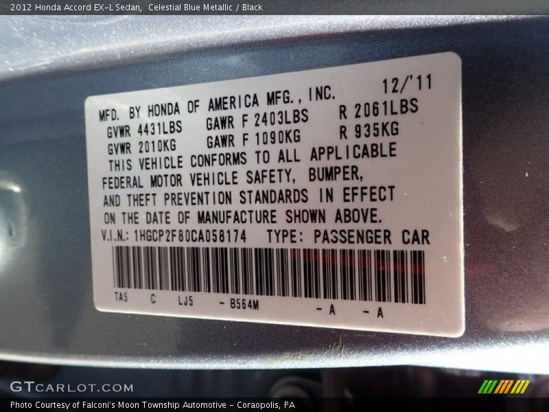 Celestial Blue Metallic / Black 2012 Honda Accord EX-L Sedan