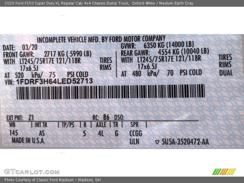 Oxford White / Medium Earth Gray 2020 Ford F350 Super Duty XL Regular Cab 4x4 Chassis Dump Truck