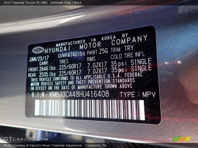 Coliseum Gray / Black 2017 Hyundai Tucson SE AWD