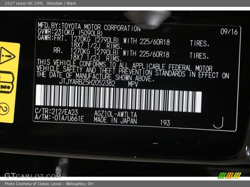 2017 NX 200t Obsidian Color Code 212