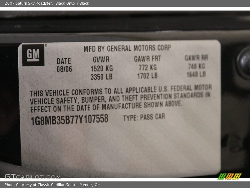 Black Onyx / Black 2007 Saturn Sky Roadster