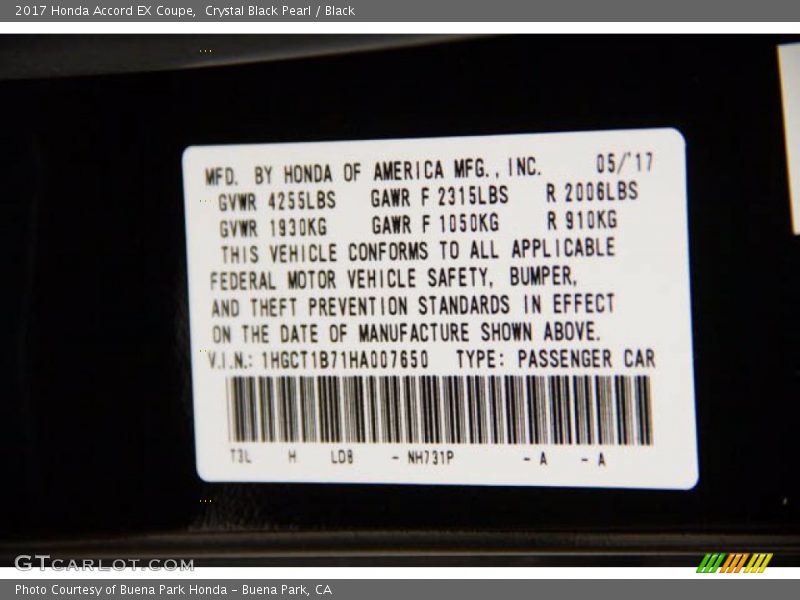 Crystal Black Pearl / Black 2017 Honda Accord EX Coupe