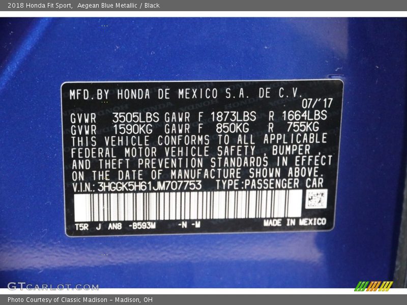 2018 Fit Sport Aegean Blue Metallic Color Code B593M