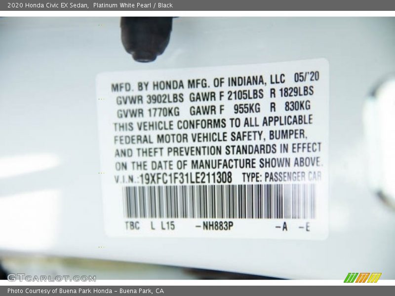 Platinum White Pearl / Black 2020 Honda Civic EX Sedan