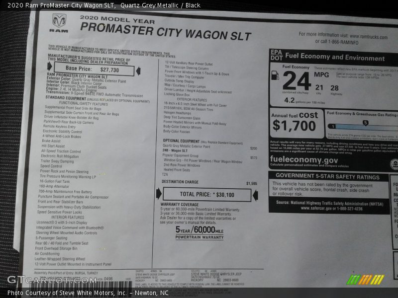  2020 ProMaster City Wagon SLT Window Sticker