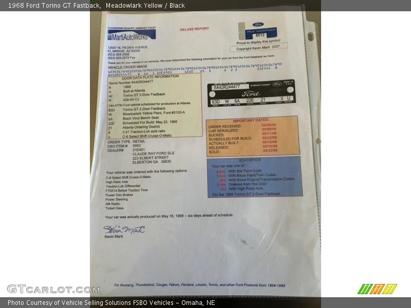 Info Tag of 1968 Torino GT Fastback