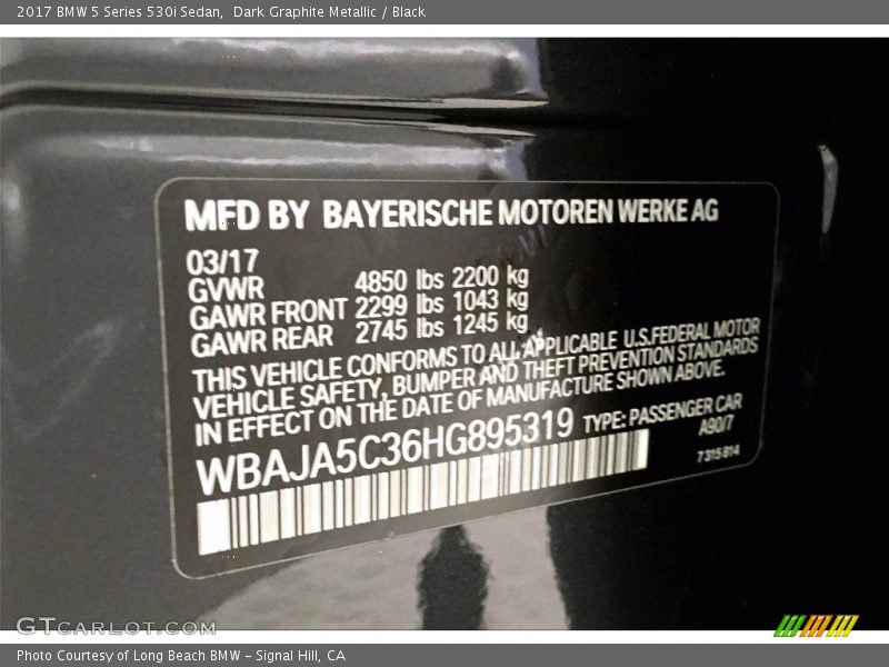 Dark Graphite Metallic / Black 2017 BMW 5 Series 530i Sedan