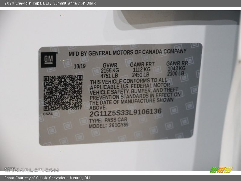 Summit White / Jet Black 2020 Chevrolet Impala LT