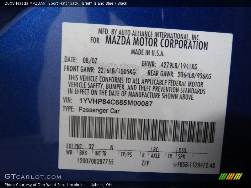 Bright Island Blue / Black 2008 Mazda MAZDA6 i Sport Hatchback