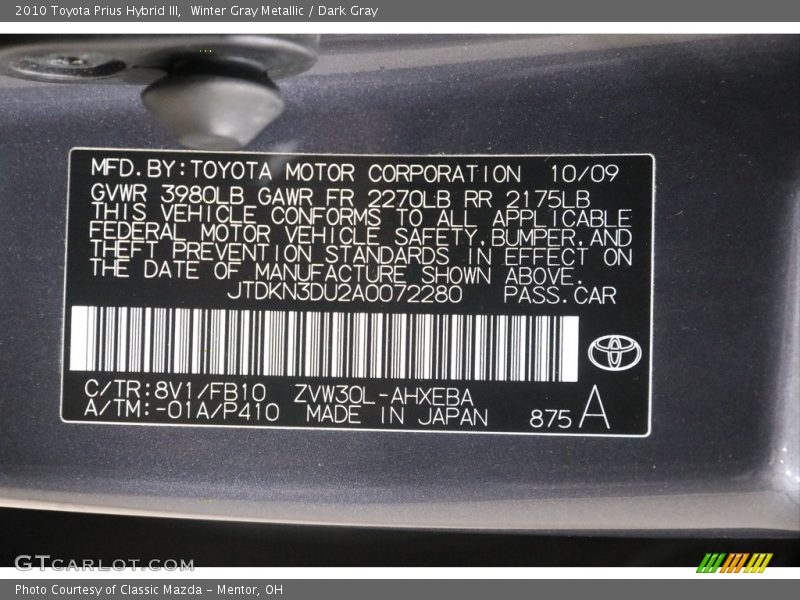 Winter Gray Metallic / Dark Gray 2010 Toyota Prius Hybrid III