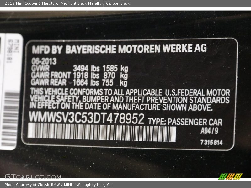 Midnight Black Metallic / Carbon Black 2013 Mini Cooper S Hardtop