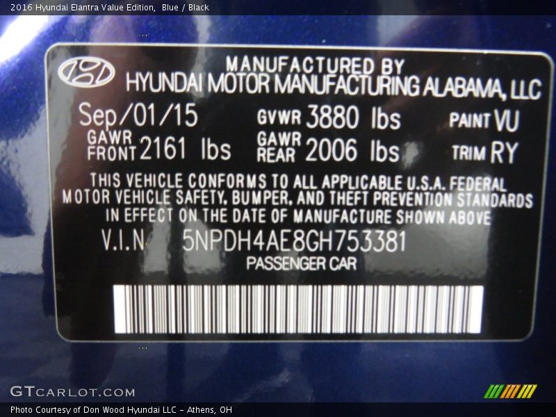 Blue / Black 2016 Hyundai Elantra Value Edition