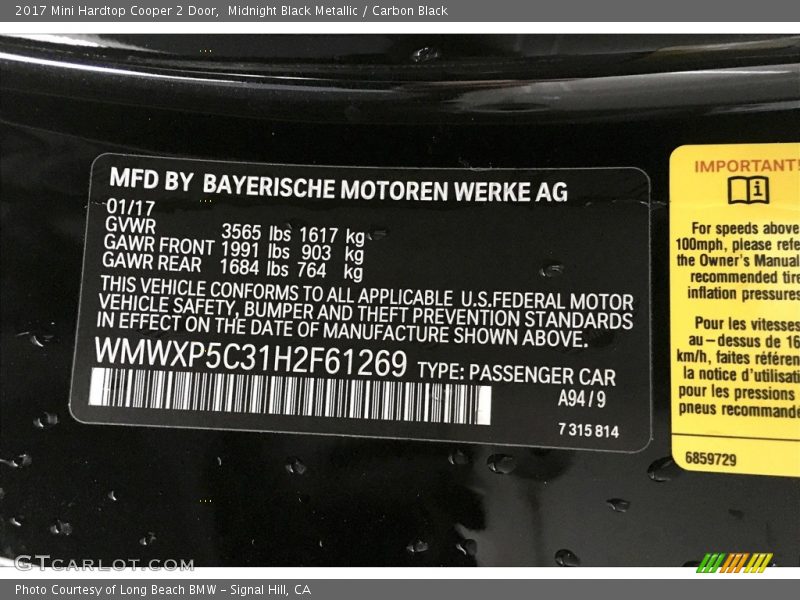 Midnight Black Metallic / Carbon Black 2017 Mini Hardtop Cooper 2 Door