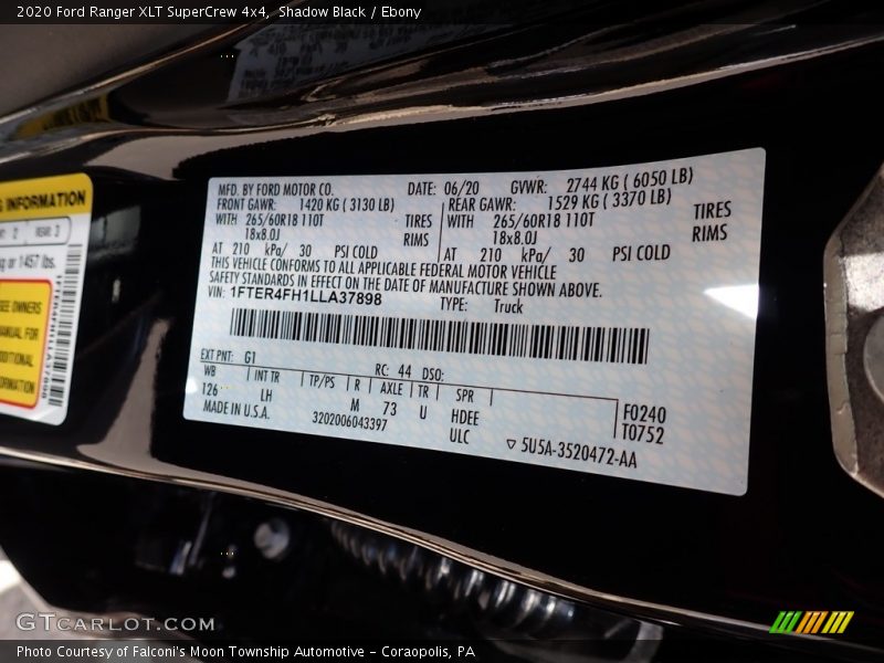 2020 Ranger XLT SuperCrew 4x4 Shadow Black Color Code G1