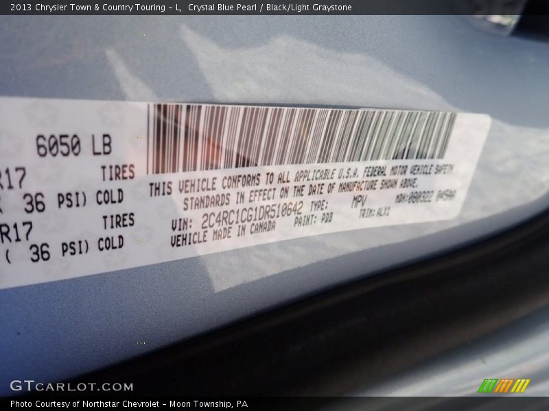 Crystal Blue Pearl / Black/Light Graystone 2013 Chrysler Town & Country Touring - L