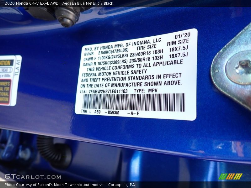 Aegean Blue Metallic / Black 2020 Honda CR-V EX-L AWD