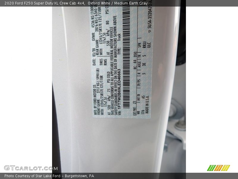 2020 F250 Super Duty XL Crew Cab 4x4 Oxford White Color Code Z1