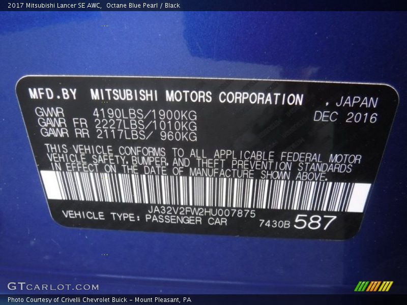 Octane Blue Pearl / Black 2017 Mitsubishi Lancer SE AWC