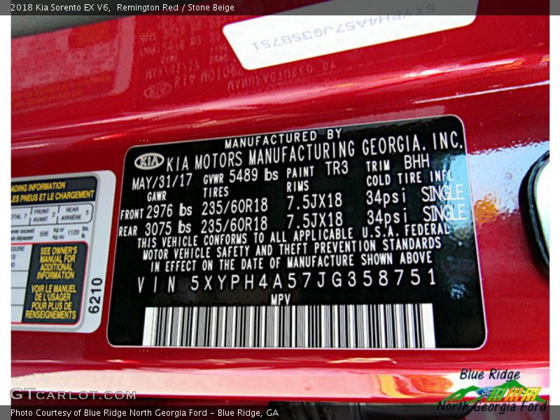 2018 Sorento EX V6 Remington Red Color Code TR3