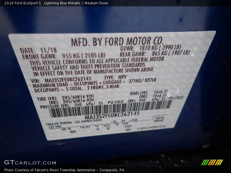 Lightning Blue Metallic / Medium Stone 2019 Ford EcoSport S