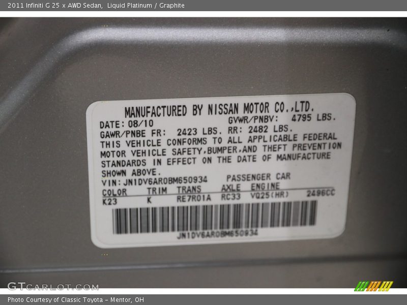 Liquid Platinum / Graphite 2011 Infiniti G 25 x AWD Sedan