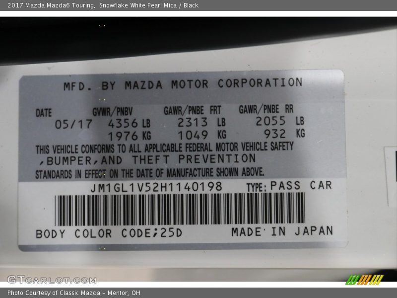 Snowflake White Pearl Mica / Black 2017 Mazda Mazda6 Touring