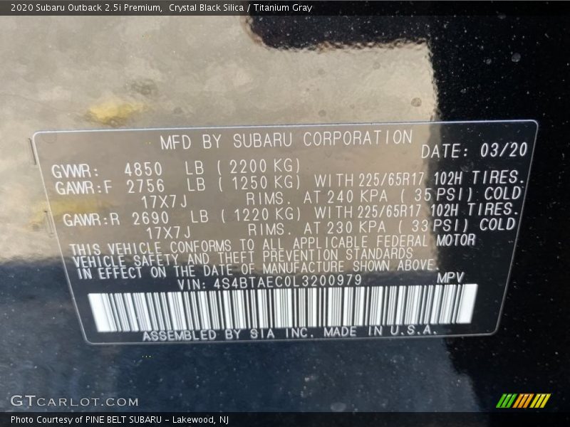 Crystal Black Silica / Titanium Gray 2020 Subaru Outback 2.5i Premium