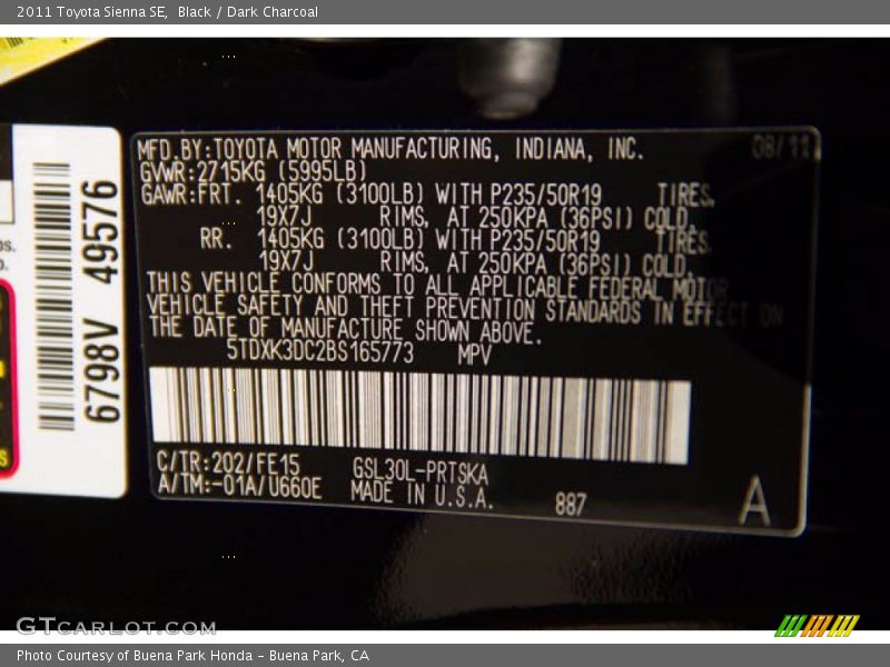 Black / Dark Charcoal 2011 Toyota Sienna SE