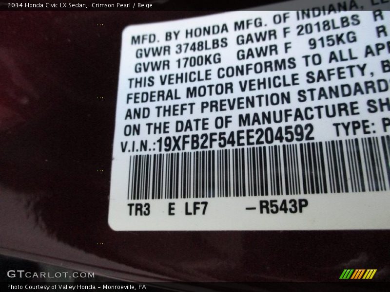 Crimson Pearl / Beige 2014 Honda Civic LX Sedan